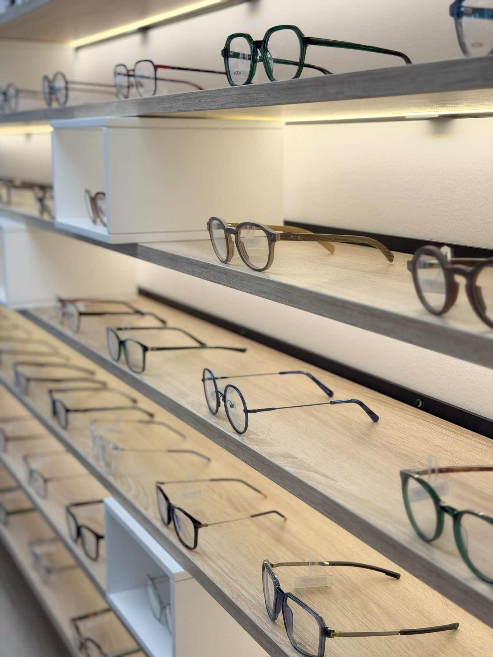 Montures posées sur les étagères en chêne éclairées de la boutique
